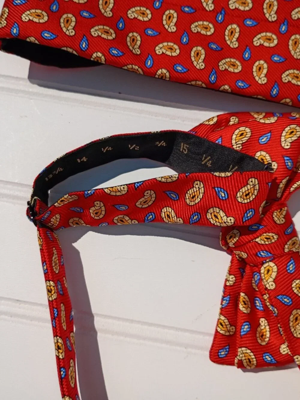 NEW R Hanauer Silk Bow Tie and Cummerbund Set Red Yellow Paisley Made in USA Vtg